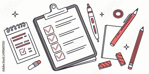 A collection of office supplies including a clipboard, pencils, and a ruler.