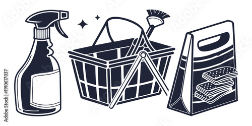 Cleaning supplies including a spray bottle, basket, and detergent box