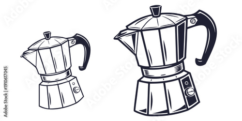 Two different types of classic stovetop espresso makers drawn in black and white