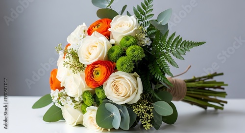 Elegant wedding bouquet with white roses, orange ranunculus, green chrysanthemums, and ferns, tied with twine.