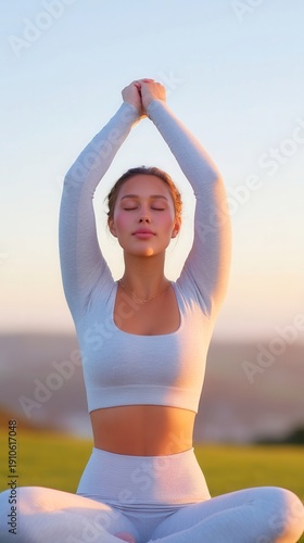 Relaxed woman practicing yoga outdoors, young woman in athletic wear meditating with hands raised against a sunset backdrop.