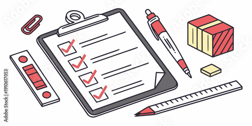 A checklist with various items marked and a pencil, ruler, and blocks nearby