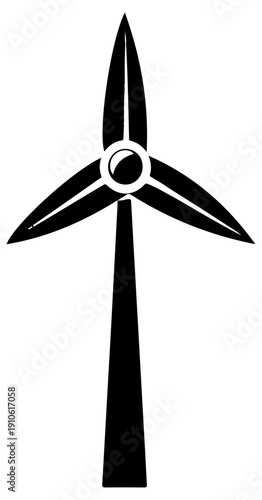Black silhouette of a wind turbine icon for renewable energy and aerodynamics concepts on a white background