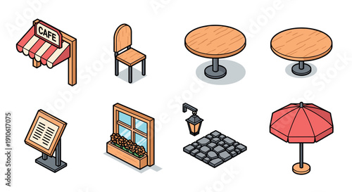 A collection of cafe furniture and decor elements in modern flat vector style, ideal for restaurant branding and design projects