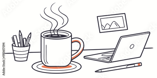 A cozy workspace setup with a steaming cup of coffee and a laptop.