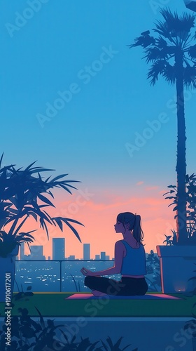 Woman meditating outdoors, serene atmosphere with palm trees and colorful sunset, promoting mindfulness and relaxation.