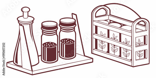 A collection of jars, bottles, and a basket on a wooden tray.