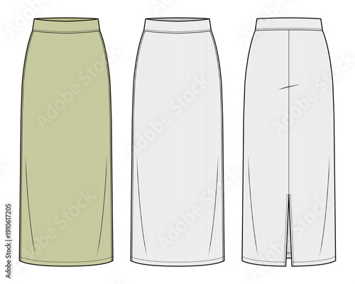 High-Waisted Knit Column Midi Skirt Technical Fashion Illustration. Minimal Straight Sweater Silhouette with Back Slit Detail. Front and Back View CAD Vector Template.