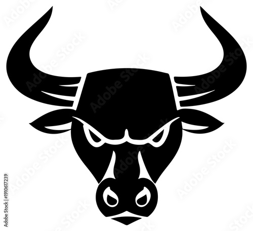 Angry bull head silhouette with aggressive expression and sharp horns on white background