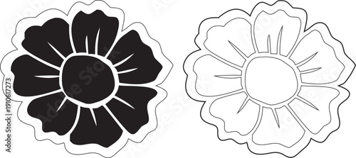 Black and white flower outlines and silhouette comparison vector