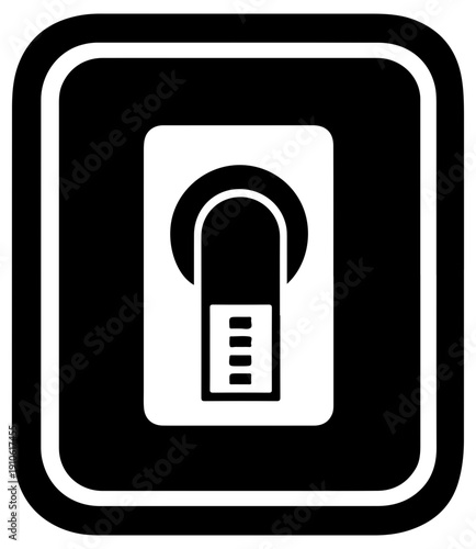 Black filled icon of emergency roadside telephone symbol with white outline and border on plain background