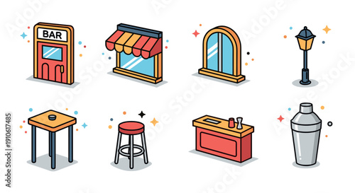 A collection of bar-themed icons including a bar entrance, windows, furniture, and cocktail shaker in colorful flat vector style, perfect for hospitality and beverage branding