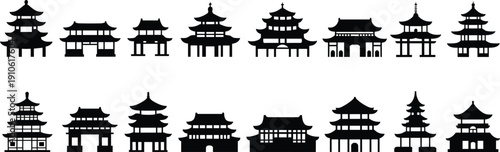 Asian pagoda temple silhouette set isolated on white background, traditional oriental architecture vector illustration collection design