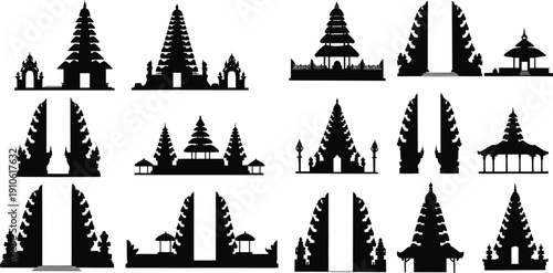 Balinese temple and gate silhouette set isolated on white background, traditional Indonesian architecture vector illustration collection design