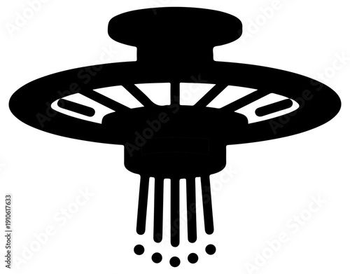 Black filled icon of an overhead fire sprinkler head with water droplets on white background for safety and emergency concept