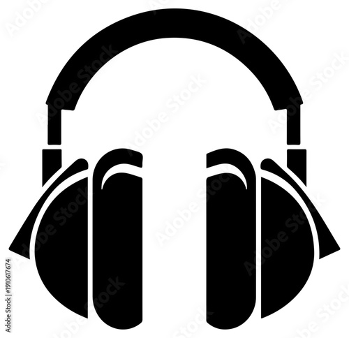 Black icon of noise canceling ear defenders or headphones with a sleek design on a white background for audio protection