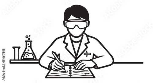 Scientist writing notes in laboratory with equipment on table, viewed from front