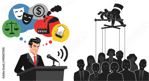 A speaker at a podium with thought bubbles representing various societal influences, alongside a hand manipulating a crowd with strings, illustrating concepts of control and manipulation.