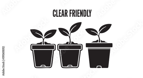 Three potted plants with growing leaves in a row, symbolizing friendly environment and growth