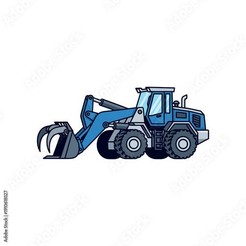 An illustration of a blue tractor with a claw bucket attachment is shown.