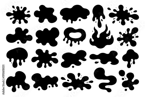 Abstract black ink splatter shapes collection with various drip patterns.