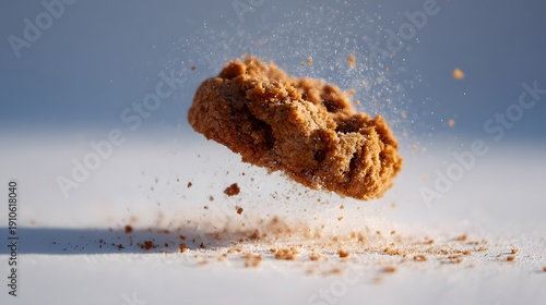 Artistic Visual Narrative of a Cookie Crumb in Freefall on an Immaculate White Canvas with Emphasized Contrast and Vibrant Texture Details