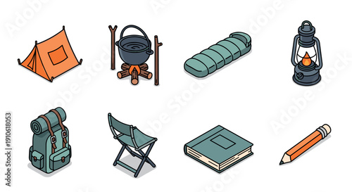 A collection of camping gear including a tent, backpack, cooking pot, and lantern in flat vector style, ideal for outdoor adventure projects