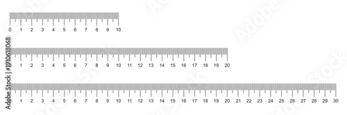 Realistic black measuring rulers ten, twenty and thirty centimeters long. Millimeter measurement. Straight lines. School isolated accessories. Plastic scale. Vector stationeries set 