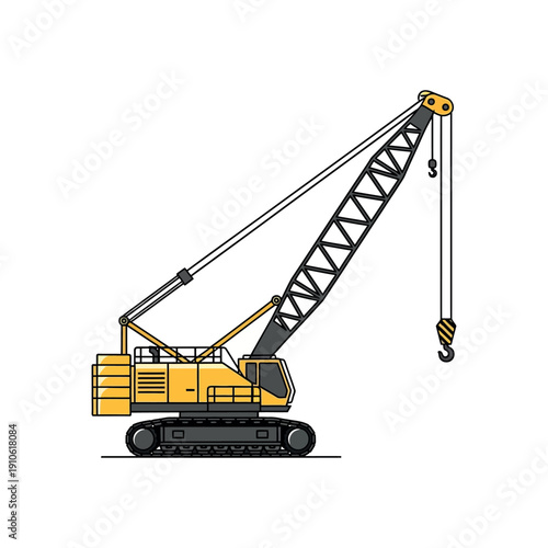 Large yellow crawler crane illustration on white background, viewed from side profile.