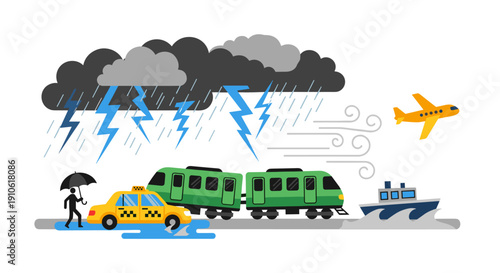 A vibrant illustration depicting various modes of transportation, including a taxi, train, boat, and airplane, navigating through challenging weather conditions with rain, lightning, and wind.