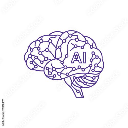Purple brain illustration with AI and neural network connections on white background