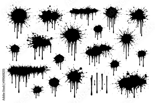 Set of black ink splatters and drips with various shapes and sizes.