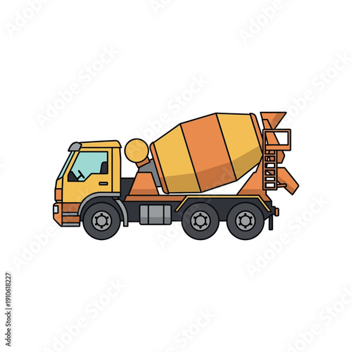 Illustration of a cement mixer truck on a white background viewed from the side