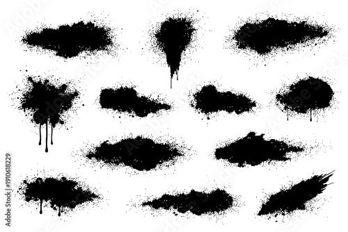 Collection of black ink splatter silhouettes with drips and irregular shapes.