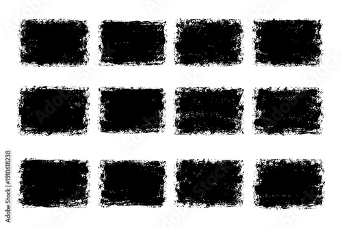 Set of grunge texture abstract black rectangles in various patterns.