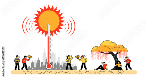 People enduring extreme heat and drought conditions, seeking relief under a tree, illustrating the impacts of global warming and climate change.