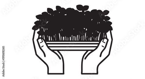 Hands holding a potted plant, showcasing care and nurturing, from a straightforward front view