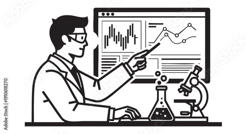 Scientist analyzing data on computer screen with laboratory equipment nearby in a research setting viewed from the side