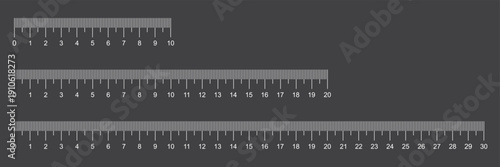 Realistic white  measuring rulers ten, twenty and thirty centimeters long. Millimeter measurement. Straight lines. School isolated accessories. Plastic scale. Vector stationeries set