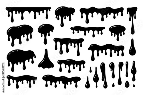 Black dripping splatter elements in various shapes and sizes.