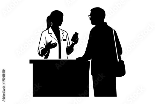Silhouette of female pharmacist advising male customer at pharmacy counter.