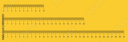 Realistic yellow measuring rulers ten, twenty and thirty centimeters long. Millimeter measurement. Straight lines. School isolated accessories. Plastic scale. Vector stationeries set