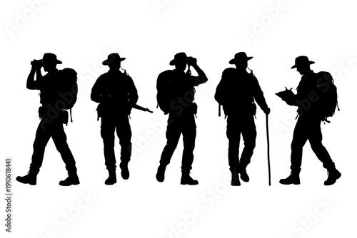 Silhouettes of male adventurers hiking in various poses.