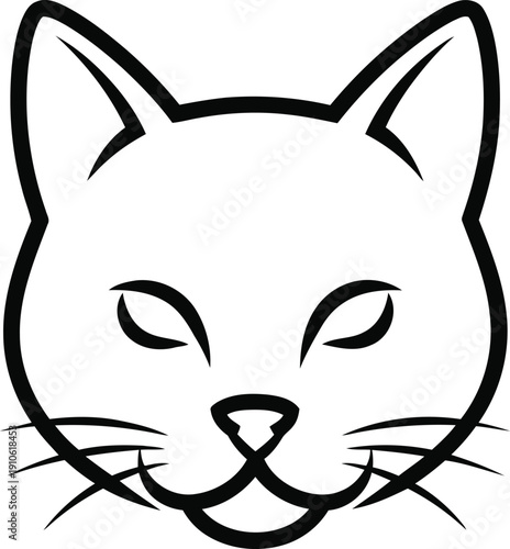 A simple black and white line drawing of a cat's face with a subtle smile.