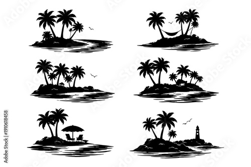 Silhouette tropical islands with palm trees, hammock, hut, beach chair, lighthouse.