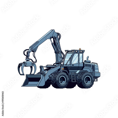 Illustration of a heavy machinery vehicle with crane and grapple on a white background