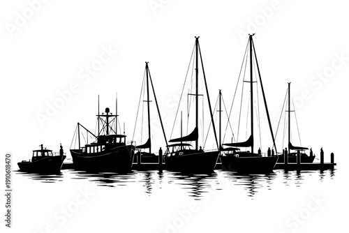 Silhouette of boats and yachts in harbor with calm reflections.