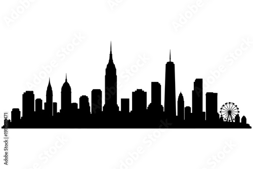 Iconic new york city skyline silhouette with landmarks and ferris wheel.