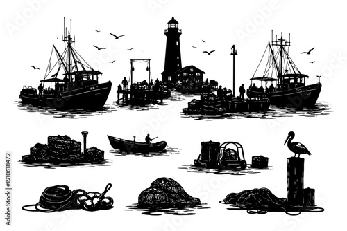 Silhouette harbor scene with lighthouse, fishing boats, and seagulls.
