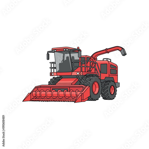 A red combine harvester machine is operating in a field with large wheels.